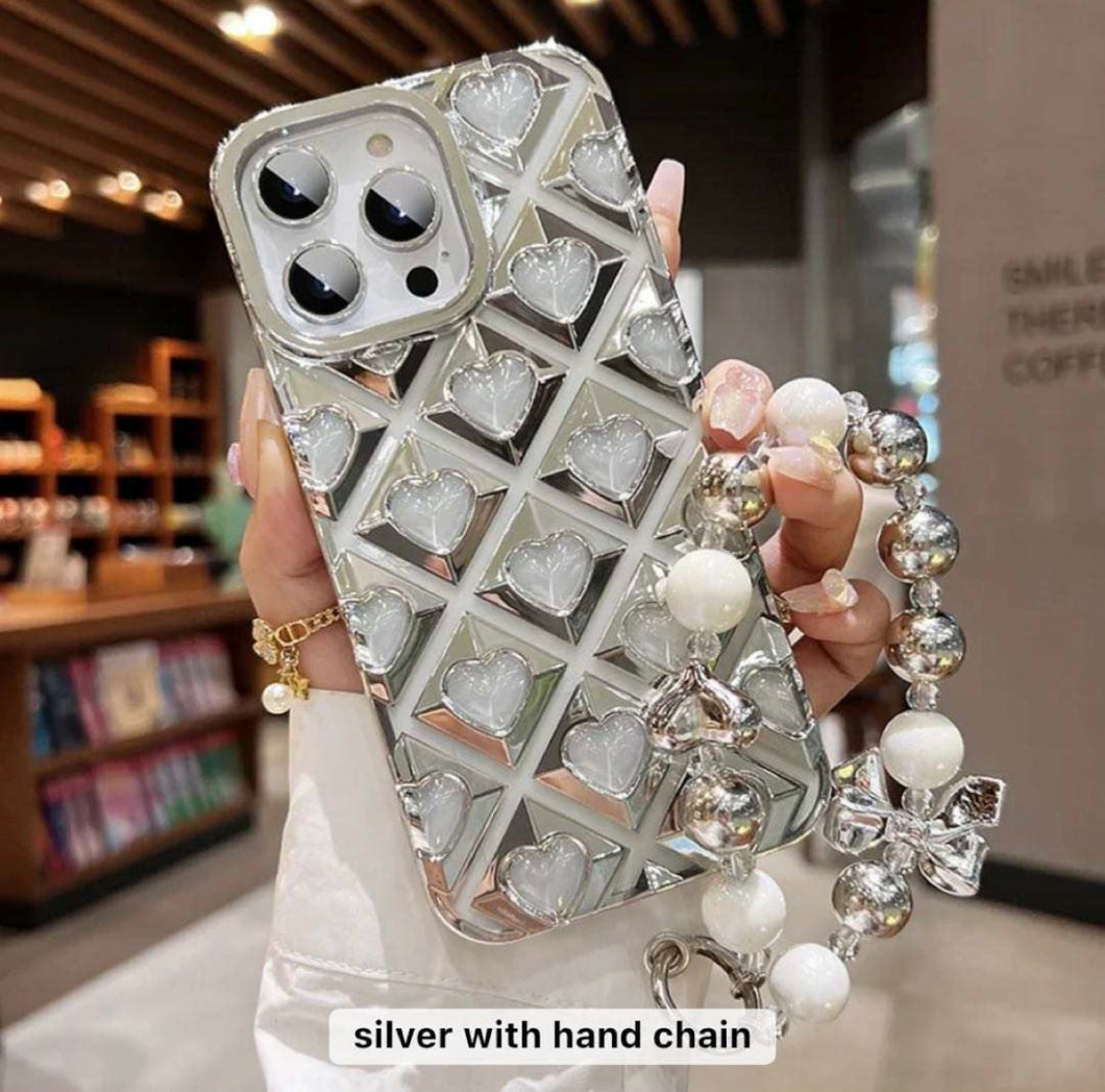 Silver iPhone case with hand chain